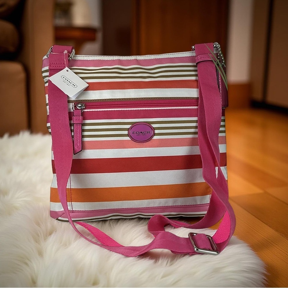 Coach Multi Vibrant Pink‎ and Orange Striped Crossbody Shoulder Summer Bag NWT